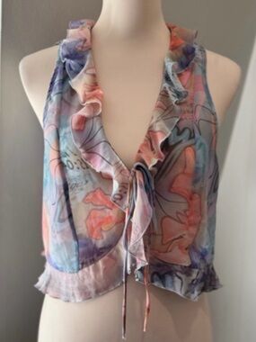 Weekday Sheer Ruffle Tie Front Top Floral Abstract Print Blouse Size Large